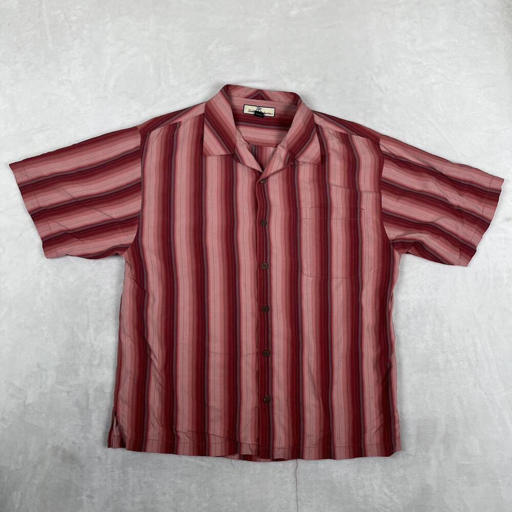 Tommy Bahama Shirt Mens Large Red Stripe Silk Short Sleeve Button Front Casual